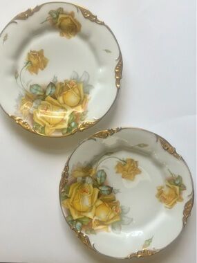 VTG Prov Saxe ES Germany Hand Painted Floral Yellow Roses Gold Trim 9"Plate Set